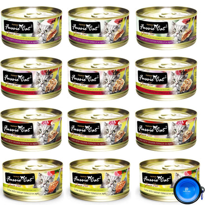 Fussie Cat Premium Canned Grain Free Cat Wet Food - Variety 4 Flavors Pack Food Bowl (12 Cans) (Tuna & Ocean Fish- Tuna & Salmon - Tuna & Shrimp - Tuna & Chicken) (2.82 Oz)
