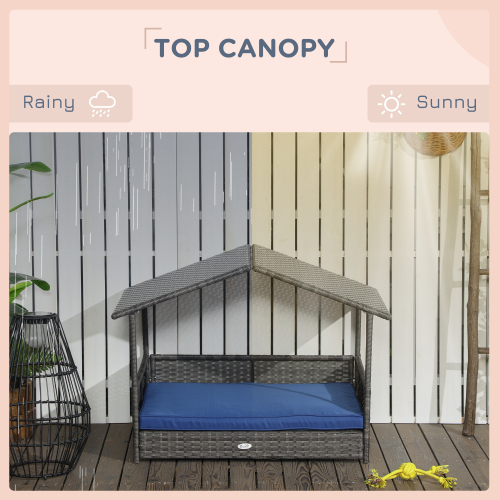 Outdoor Wicker Dog House with Canopy – Blue