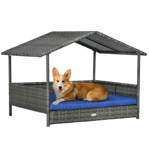 Outdoor Wicker Dog House with Canopy – Blue