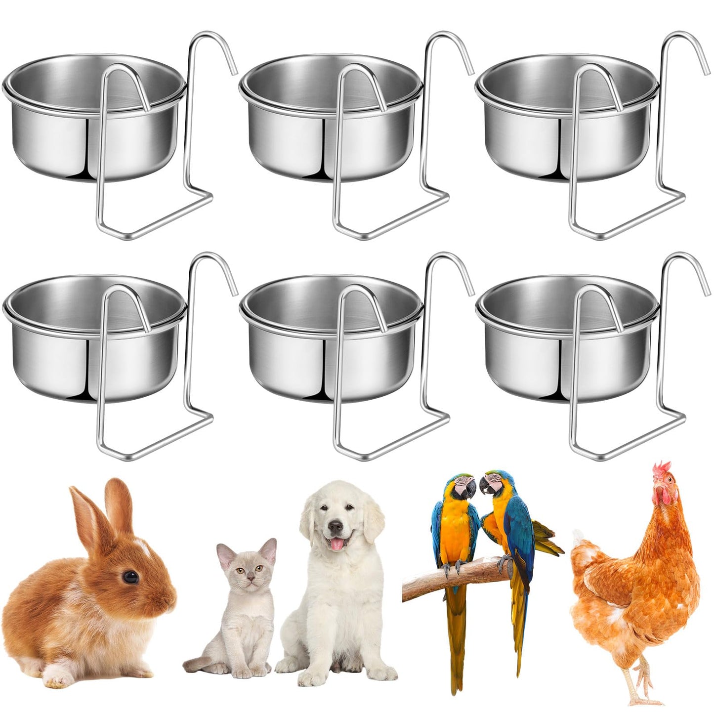 Layhit 6 Pcs 10 oz Stainless Steel Coop Cup with Hanger Kennel Pet Bowl Hanging Dog Bowl None Spill Dog Crate Water Bowl Kennel Dog Bowl Rabbit Food Dish for Cage Cats Birds Chicken Reptiles