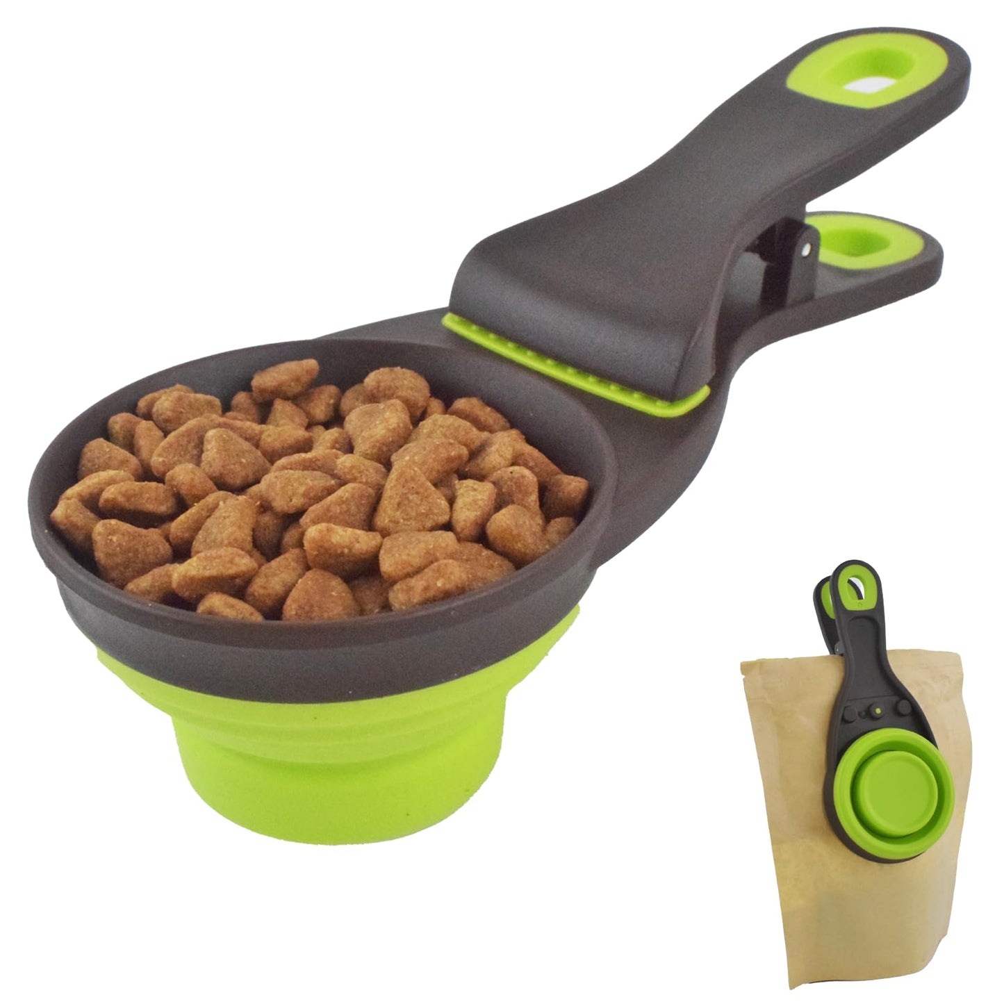 Cdipesp 3 in 1 Multi-Function Dog Food Scoop with Measurements and Bag Clip Collapsible Dog Food Measuring Cup for Animals Silicone Measuring Spoons 1/2 Cup Capacity Green S
