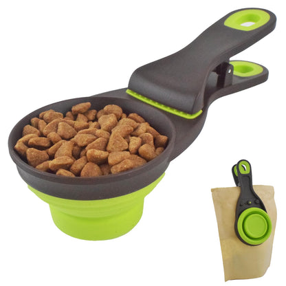 Cdipesp 3 in 1 Multi-Function Dog Food Scoop with Measurements and Bag Clip Collapsible Dog Food Measuring Cup for Animals Silicone Measuring Spoons 1/2 Cup Capacity Green S