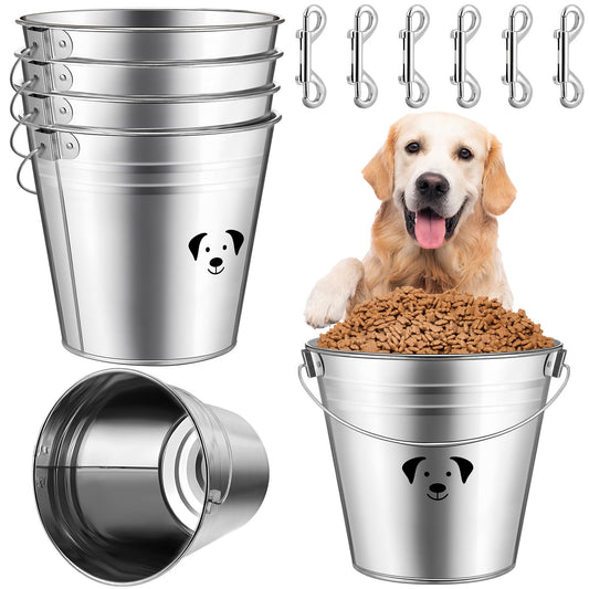 Maxcheck 6 Pcs Dog Galvanized Water Bucket Round Water Pails with 6 Pcs Double Ended Bolt Snap Hooks Metal Pail with Handles for Fences Cages Kennel Pets Food and Water Storage(5.3 Quart)