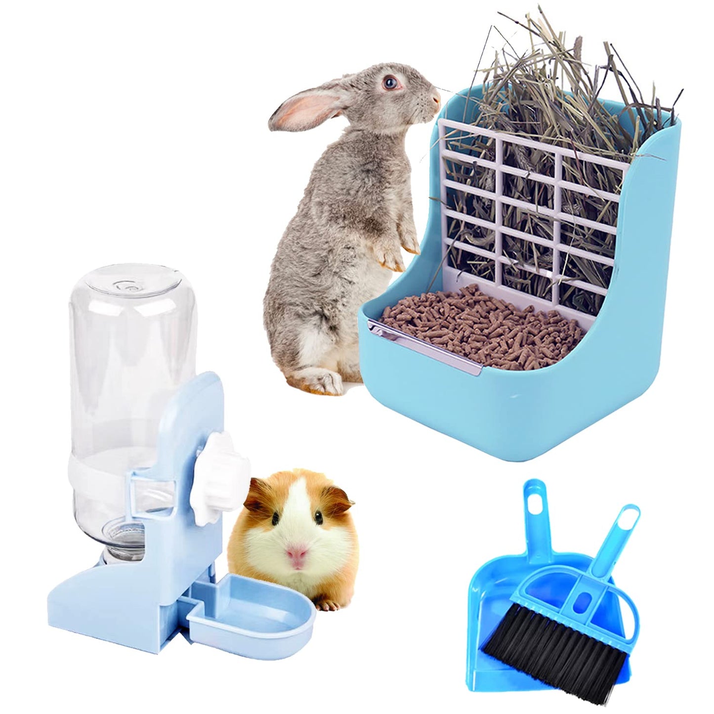 HERCOCCI PET Feeder and Water Bottle Set Large Blue (500ml) Durable Hay Food Bin Feeder Food Bowl Gravity-Fed Water Dispenser for Rabbit Guinea Pig Chinchilla