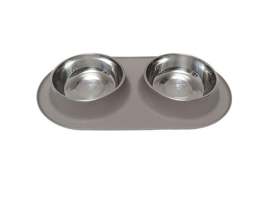 Messy Mutts Double Silicone Feeder with Stainless Bowls | Non-Skid Food Dishes for Dogs for All Pets | Dog Food Bowls | Extra-Large 6 Cups Per Bowl | Grey