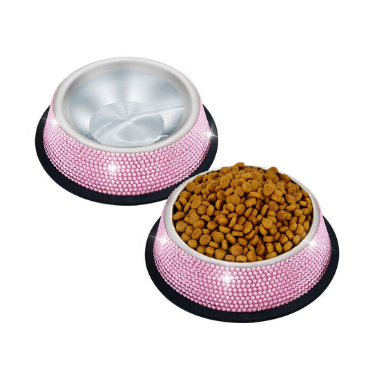 Triumilynn Rhinestone Cat Bowls Pink Bling Dog Bowl Stainless Steel for Small Pets Food Water Dishes-2 Pack