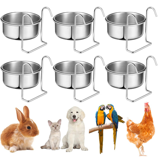 Layhit 6 Pcs 10 oz Stainless Steel Coop Cup with Hanger Kennel Pet Bowl Hanging Dog Bowl None Spill Dog Crate Water Bowl Kennel Dog Bowl Rabbit Food Dish for Cage Cats Birds Chicken Reptiles