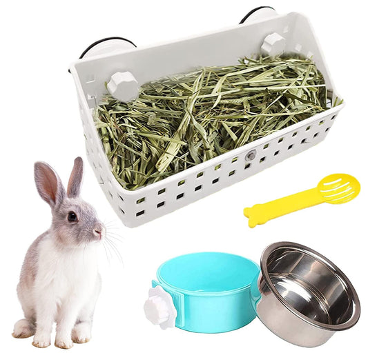 kathson Rabbit Hay Feeder Hay Manger Less Wasted Grass Holder Rack Removable Stainless Steel Crate Bowl Water Food Feeder for Rabbits Bunny Chinchilla Guinea Pigs