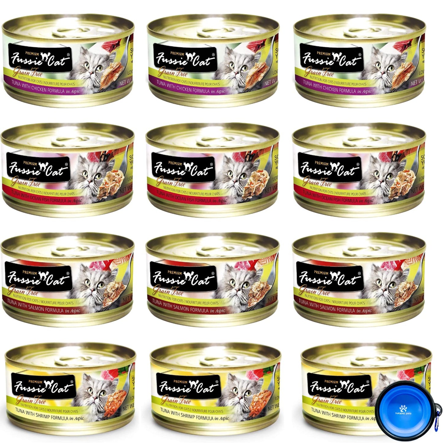 Fussie Cat Premium Canned Grain Free Cat Wet Food - Variety 4 Flavors Pack Food Bowl (12 Cans) (Tuna & Ocean Fish- Tuna & Salmon - Tuna & Shrimp - Tuna & Chicken) (2.82 Oz)