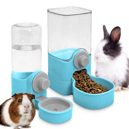 Fhiny Rabbit Food & Water Dispenser Large Capacity Gravity Guinea Pig Feeder and Waterer Set for Cage Hanging Automatic Bunny Feeder for Bunny Guinea Pig Chinchilla Ferret Cat Puppy