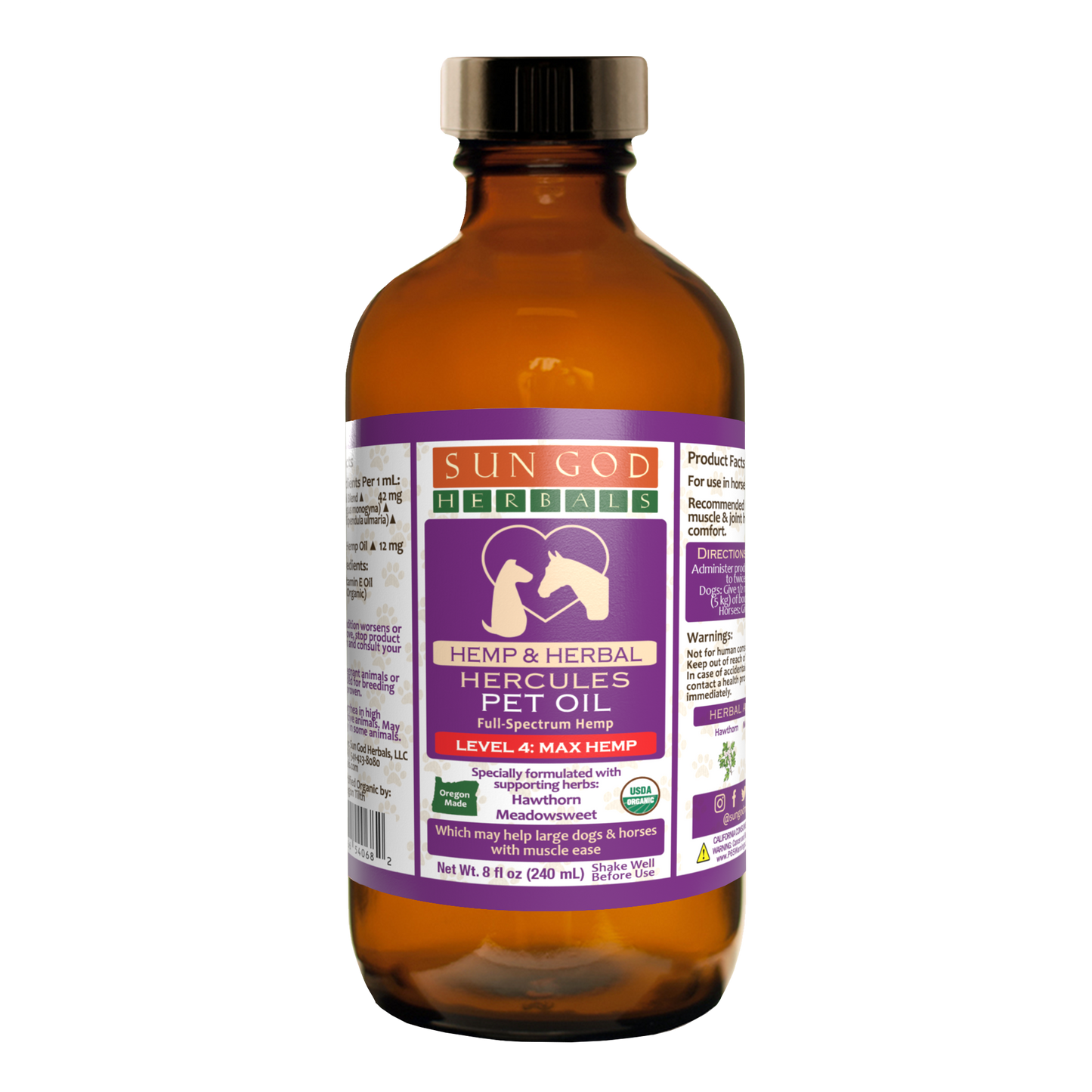 Organic Hercules Muscle Relief Hemp Pet Oil-Level 4 Max Hemp: for Horses and Large Dogs