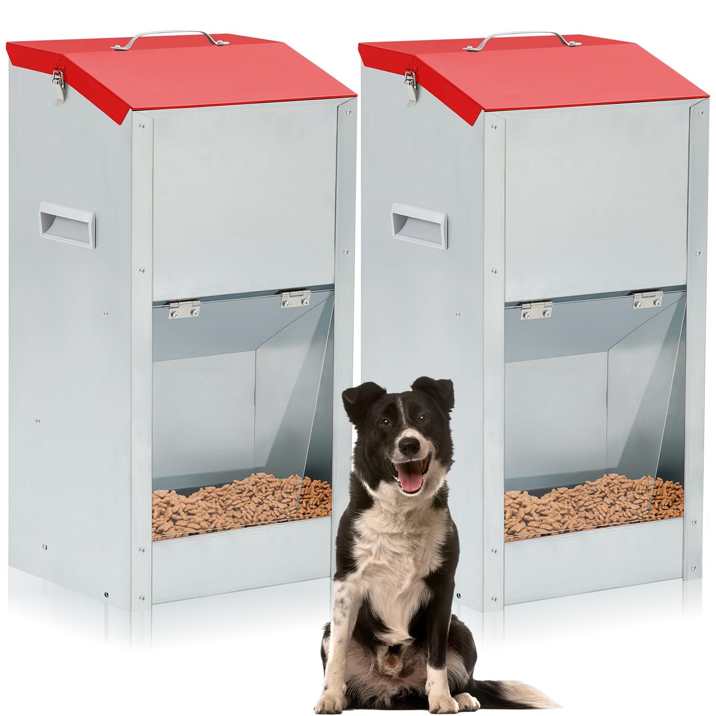 Willinglong 2 Pcs Large Automatic Dog Feeders with Handle 25 Lbs Acrylic Panel Galvanized Gravity Feeder for Dogs 11.5 l x 9.8 W x 23 H Breed Dog Food Dispenser Container Outdoor Hanging Feeder