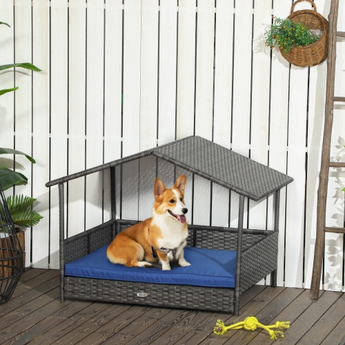 Outdoor Wicker Dog House with Canopy – Blue