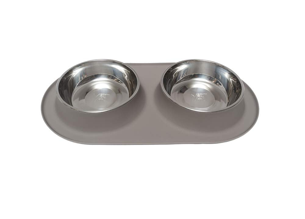 Messy Mutts Double Silicone Feeder with Stainless Bowls | Non-Skid Food Dishes for Dogs for All Pets | Dog Food Bowls | Extra-Large 6 Cups Per Bowl | Grey