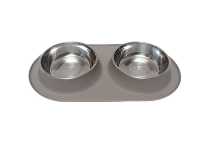 Messy Mutts Double Silicone Feeder with Stainless Bowls | Non-Skid Food Dishes for Dogs for All Pets | Dog Food Bowls | Extra-Large 6 Cups Per Bowl | Grey