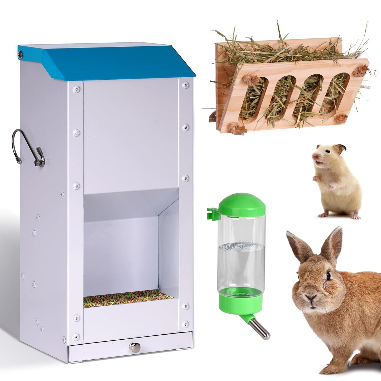 PKNYBZH 6 Metal Small Animal Feeder with Lid Heavy Duty Rabbit Feeder Large Capacity Rabbit Food Dispenser with Small Animal Water Bottle No Drip for Rabbit Guinea Pigs Chicks (Blue)