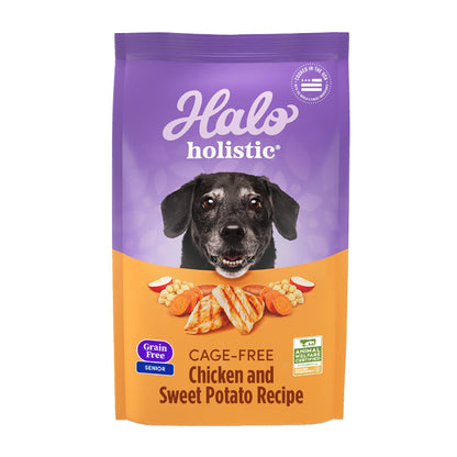 Halo Purely for Pets Holistic Dog Food Complete Digestive Health Grain Free Cage-Free Chicken and Sweet Potato Recipe Dry Dog Food Bag Senior Formula 10-lb Bag