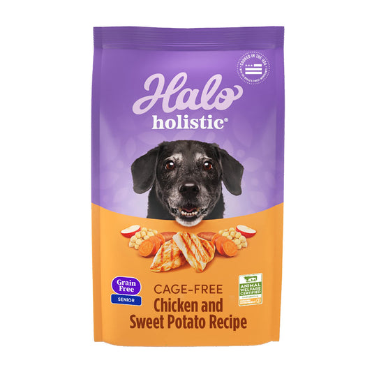 Halo Purely for Pets Holistic Dog Food Complete Digestive Health Grain Free Cage-Free Chicken and Sweet Potato Recipe Dry Dog Food Bag Senior Formula 10-lb Bag