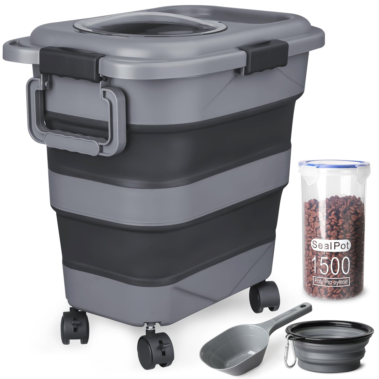 TIOVERY Dog Food Storage Container，10-25 lbs Airtight Collapsible Cat Food Storage Container with Attachable Wheels Portable Handle Dog Food Scoop for Dog Cat Bird Pet Dry Food Storage Bin