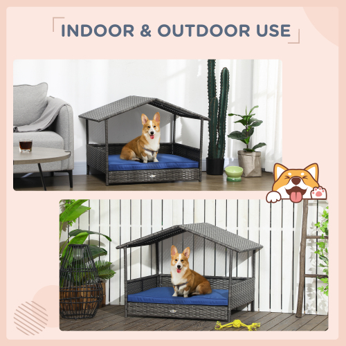Outdoor Wicker Dog House with Canopy – Blue