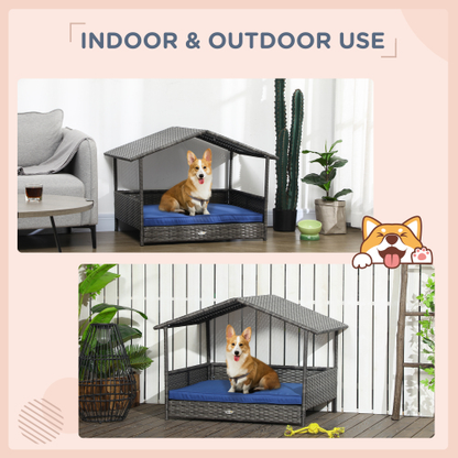 Outdoor Wicker Dog House with Canopy – Blue