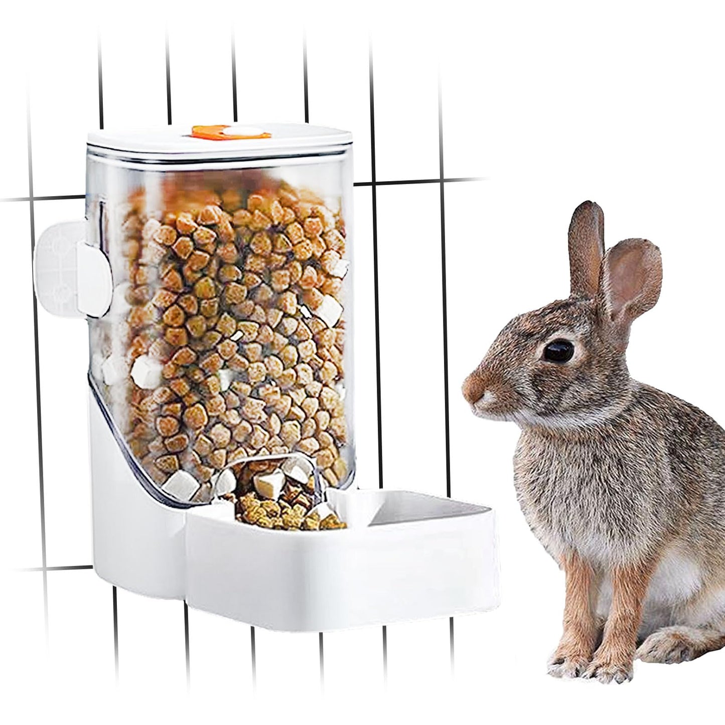 Oncpcare 34oz Automatic Rabbit Feeder for Cages Hanging Auto Bunny Food Bowl Dispenser Small Aniaml Cage Accessories for Ferret Guinea Pig Rat Rabbit Cat Puppy (White)