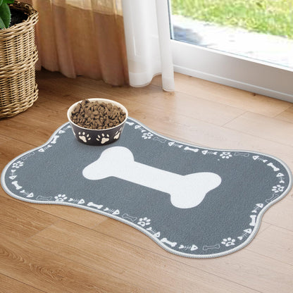Yinuomo Dog Food Mat Bone Shaped Water Absorbent Pet Food Mat Non Slip Placemat for Pets Bowl and Water Machine Washable Feeding Mats for Pets Small 12 x 19(Big Bone Light Grey)