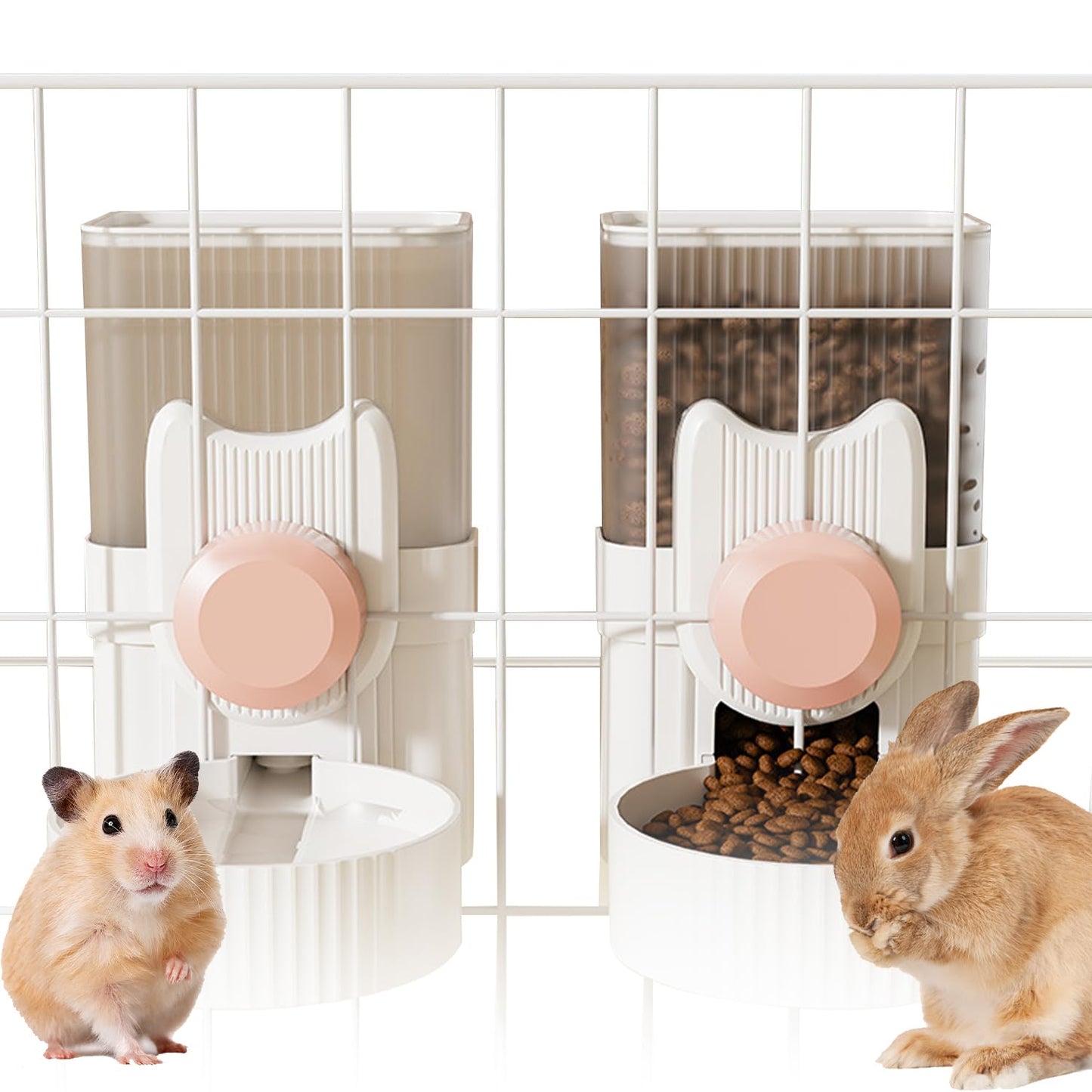 Hanging Automatic Rabbit Feeder and Water Dispenser Set Gravity Rabbit Feeder Waterer for Cage Small Animal Hanging Bottle Bowl Set Food Water Dispenser for Cat Dog Bunny Guinea (Pink)