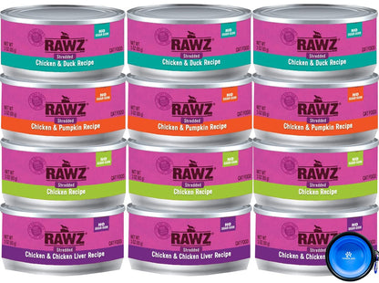 Rawz Natural Premium Canned Cat Wet Food Shredded -12 Pack Chicken Variety - 4 Flavors - (Chicken & Duck Chicken & Liver Chicken & Pumpkin Chicken) Pets Food Bowl - (3oz Cans)